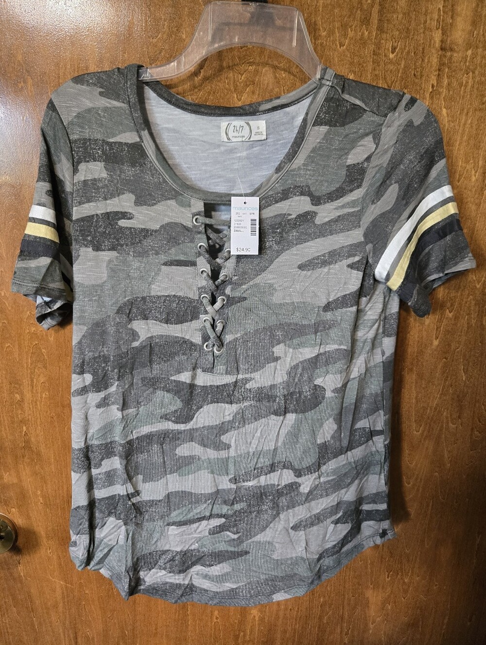 Maurices Green and Gray Camo Lace-Up Short Sleeve Tee